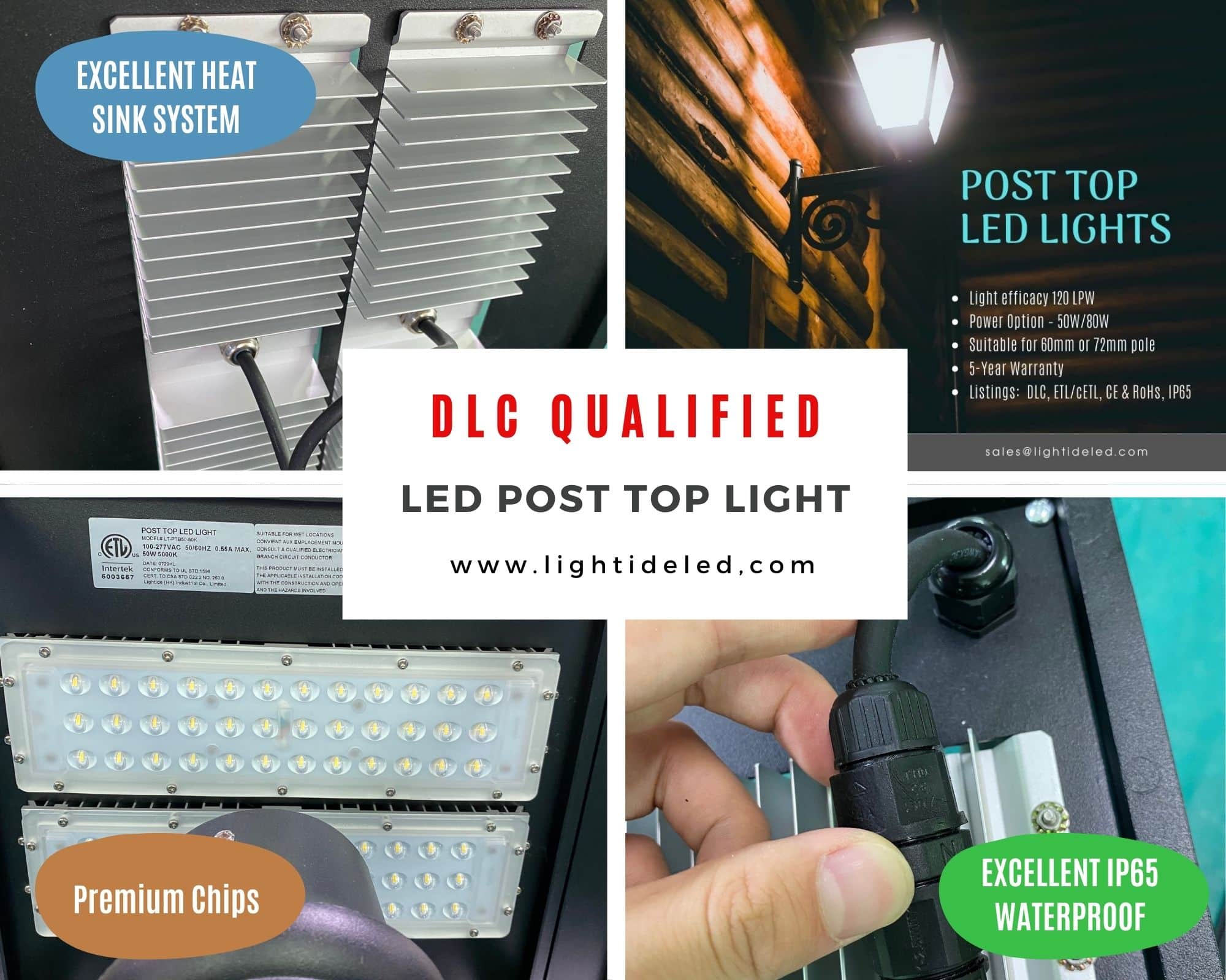 Lightide DLC QPL LED Post Top Light Fixture 50w-80w